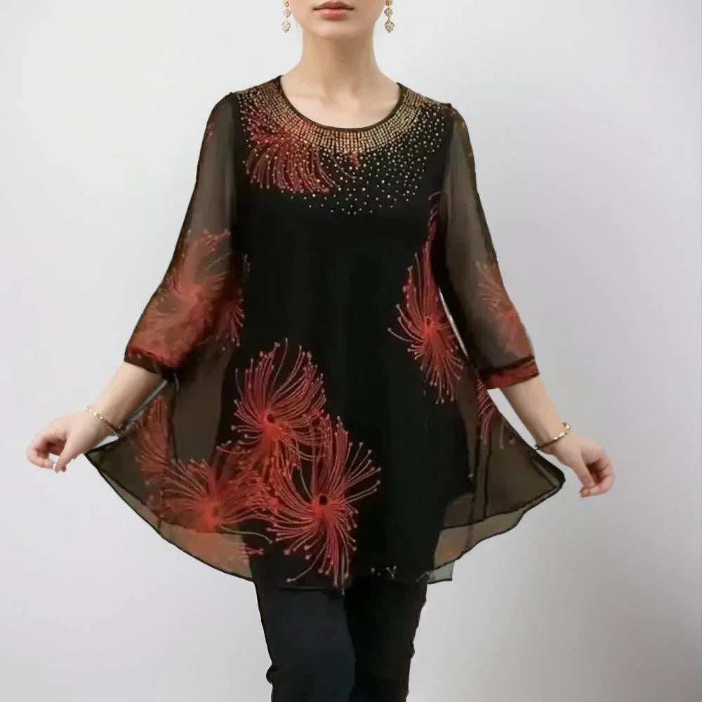 Zeraphine – Elegante tunica trasparente con stampa fuochi d'artificio